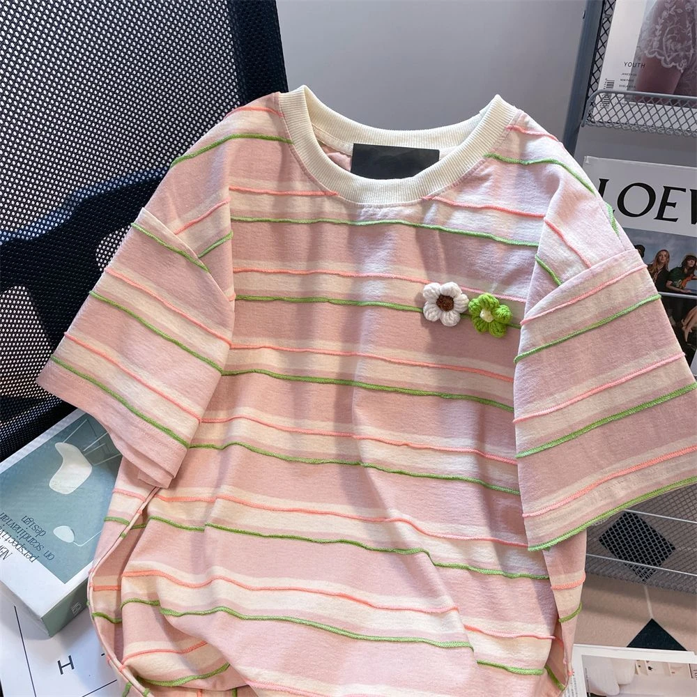 夏季特大码设计感小众条纹立体花朵300斤短袖t恤女甜美条纹上衣