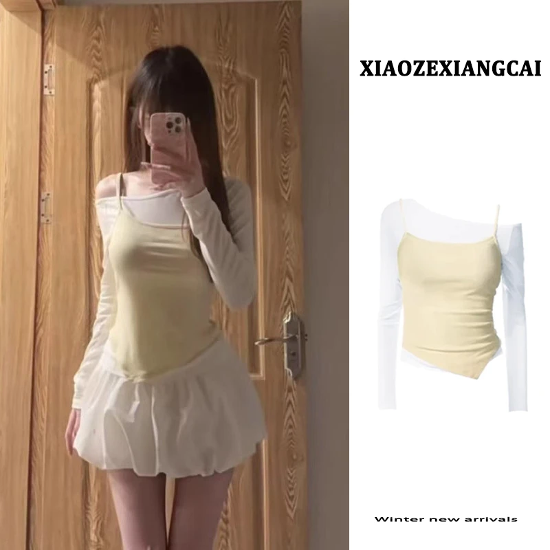 开春韩系穿搭一整套早春季女装蕾丝花边吊带背心叠穿上衣两件套装