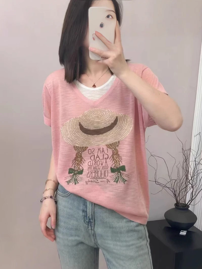 夏季2025新款短袖针织宽松女遮肚草帽假两件t恤显瘦