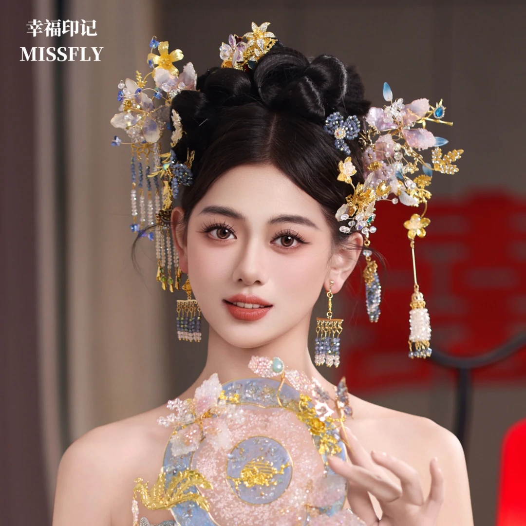 金蓝紫色秀禾新中式头饰旗袍汉服晨袍发饰新娘结婚婚礼白月光清新