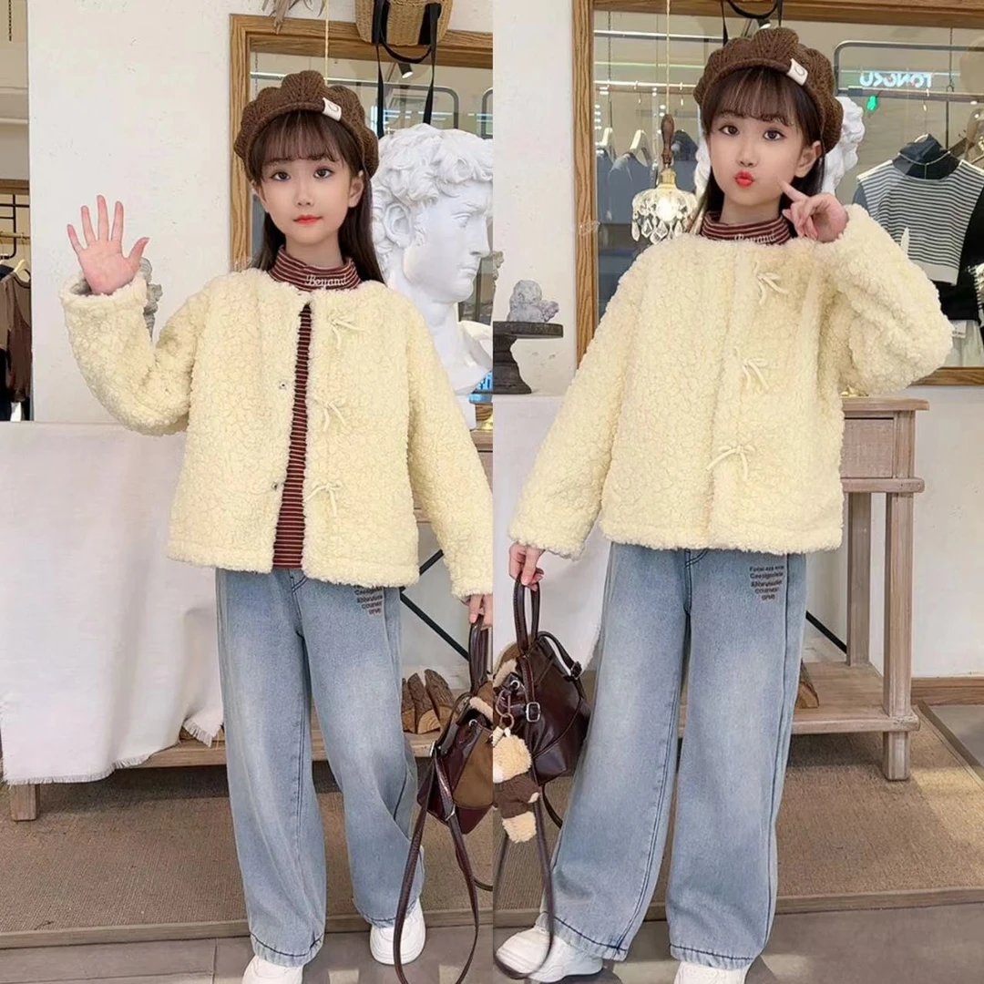 女童2025新款冬季韩版时尚毛毛衣外套双面绒打底衫加绒裤套装潮