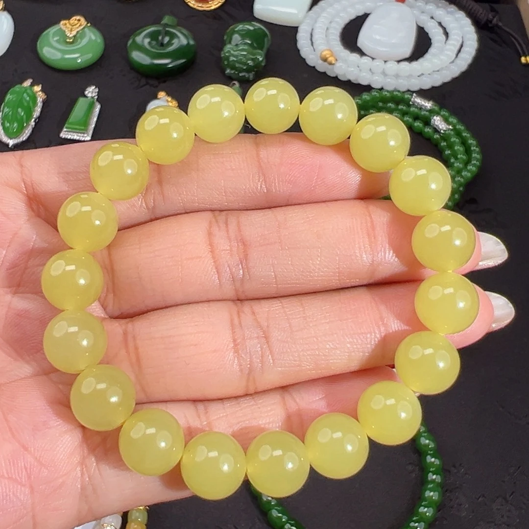 和田玉未镶嵌手串鸡油黄油胶10mm