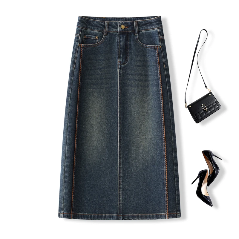 复古蓝色牛仔半身裙女春秋2025新款高腰A字包臀裙休闲开叉直筒裙
