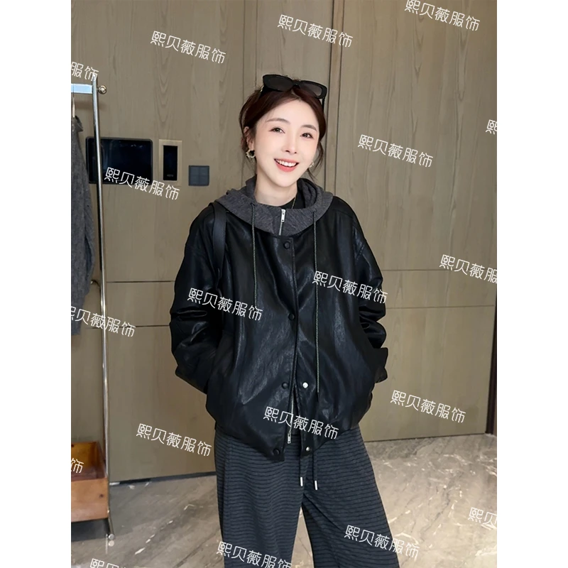 熙贝薇5 假两件连帽皮衣秋季新款时尚宽松女款黑色皮衣外套 G5293