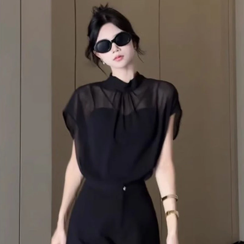 时尚法式立领透视雪纺衫女夏季新款设计感宽松显瘦后绑带小衫上衣