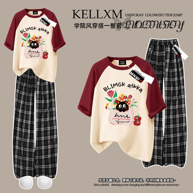 女童短袖t恤插肩袖格子裤套装中大童可爱洋气猫咪印花两件装上衣