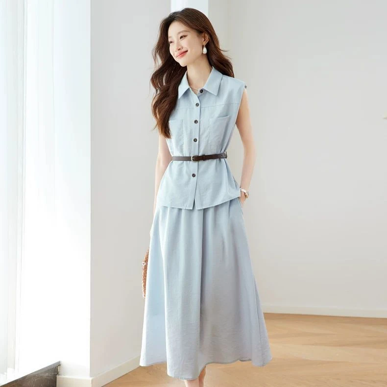 时尚套装裙女2025夏季新款半身裙无袖衬衫收腰薄款上衣高腰一整套