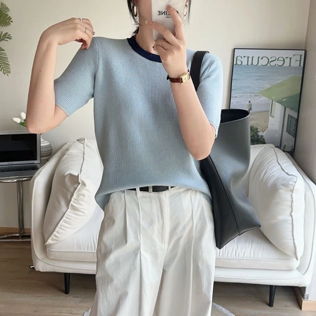 撞色圆领针织短袖女2025夏季新款时尚宽松显瘦薄款打底上衣女5157