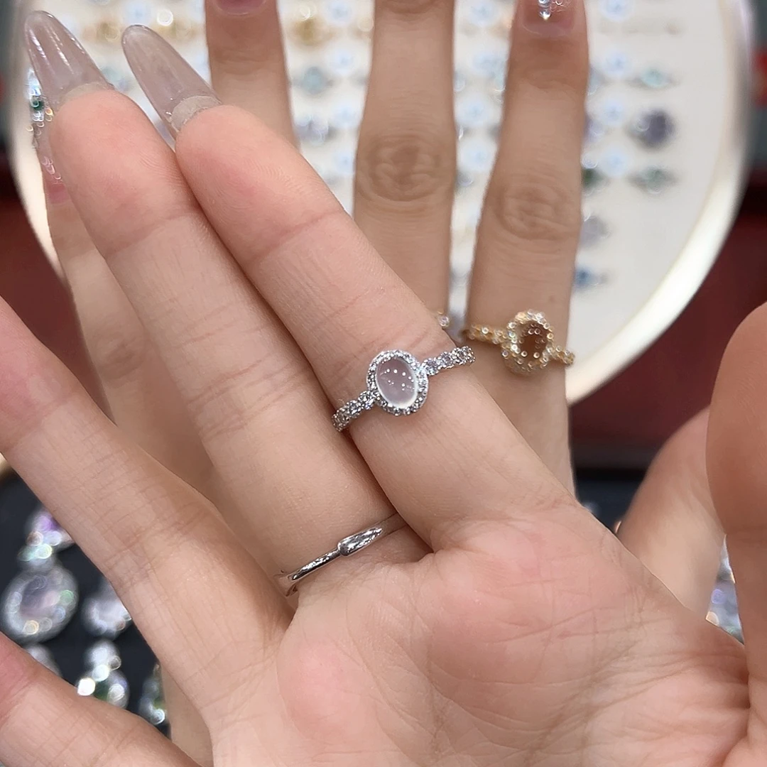 扶***摇蛇纹石玉银S925镶嵌戒指