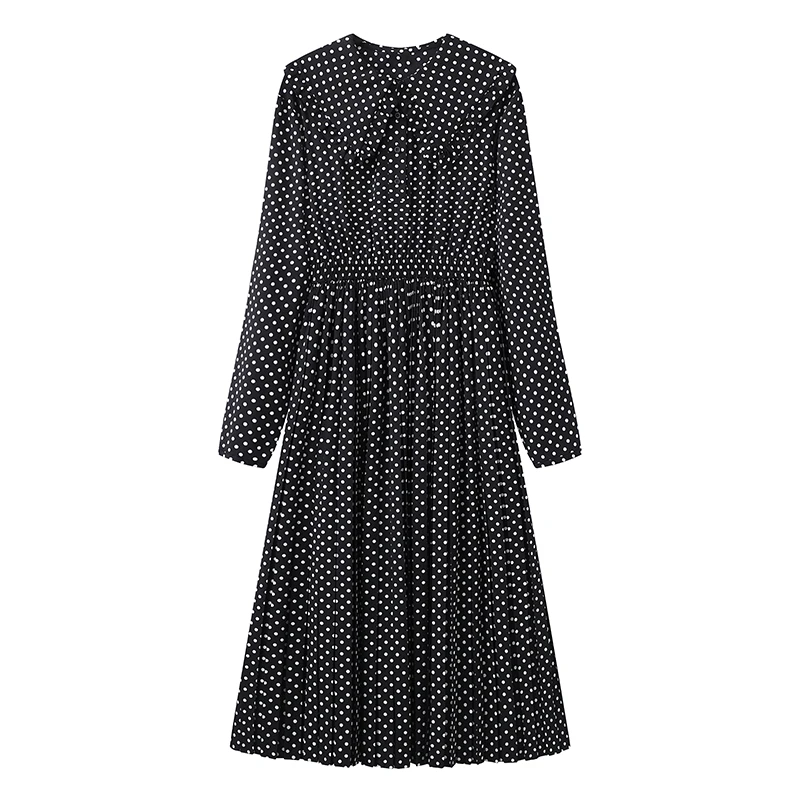 【Q2106】春季新款时尚宽松波点花边领长袖连衣裙休闲气质长裙女