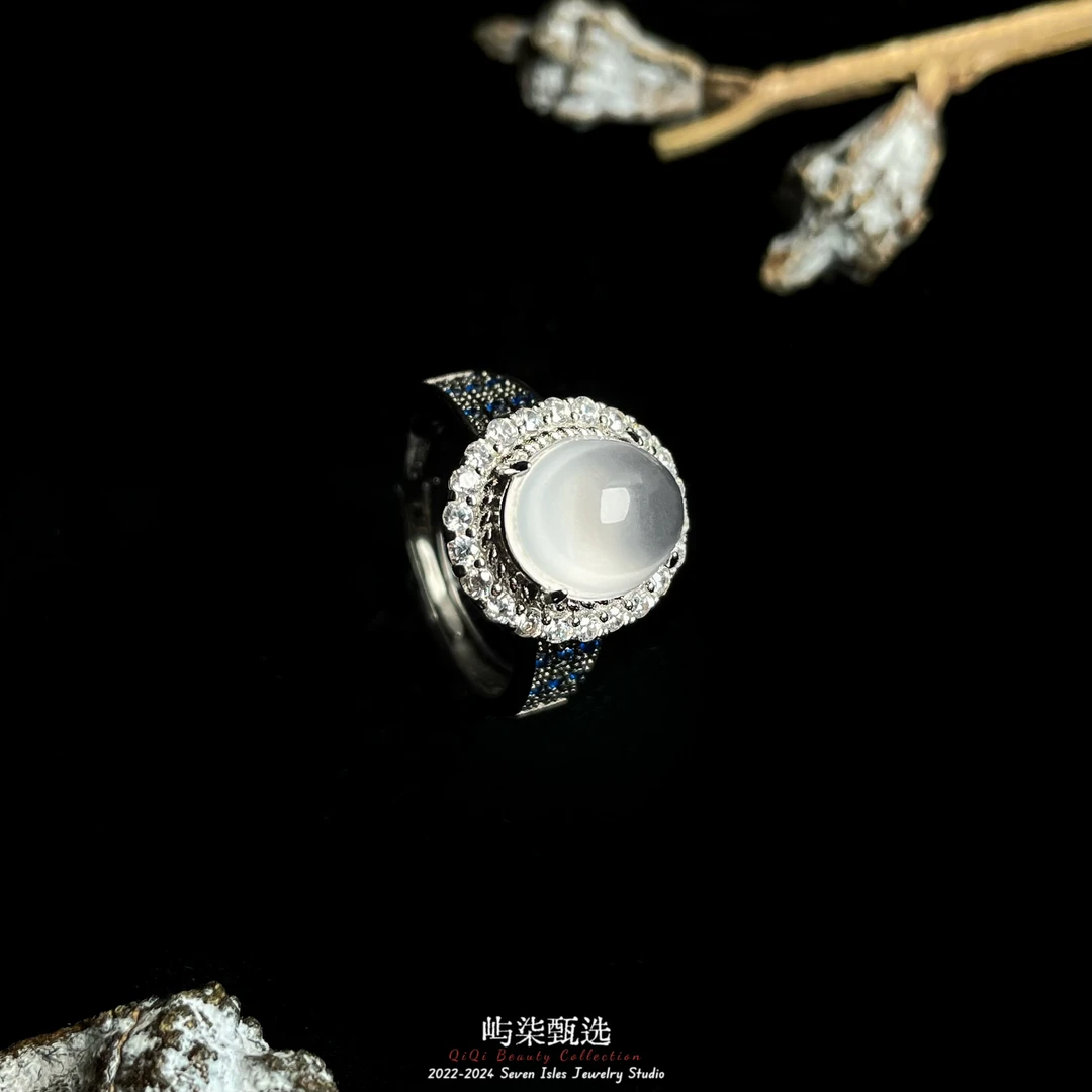 【要努力】D327 石英质玉银S925镶嵌 蓝妖圆闪大蛋水沫戒