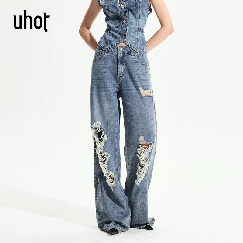UHOT蓝色水洗破洞透明水光感烫钻高街轻奢牛仔长裤UWWR1K054