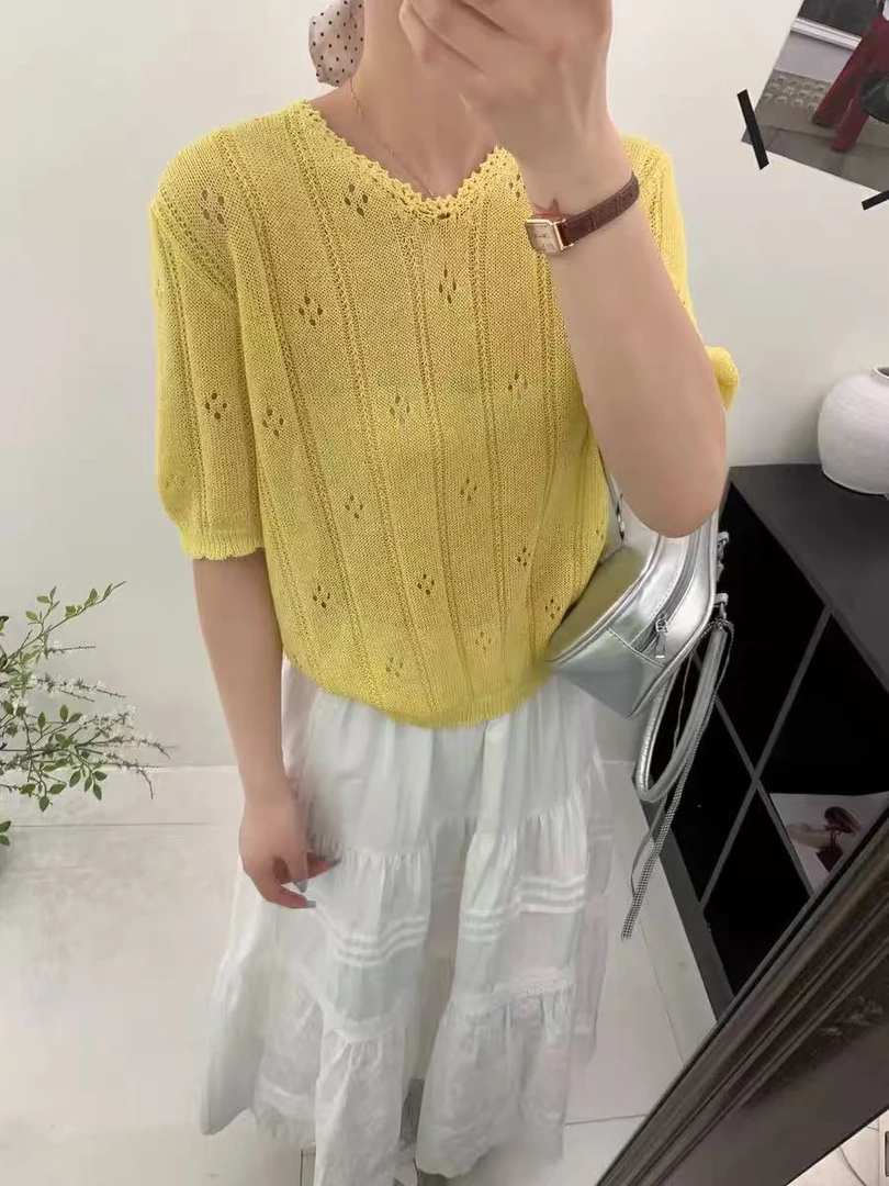 清新减龄圆领套头小个子针织衫夏季女款钩花镂空净色短袖上衣1175