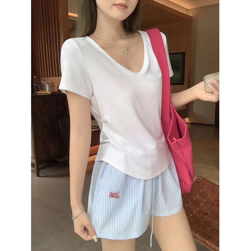 【送运费险】爆款纯欲性感百搭白色v领正肩褶皱短袖T恤女设计感上衣