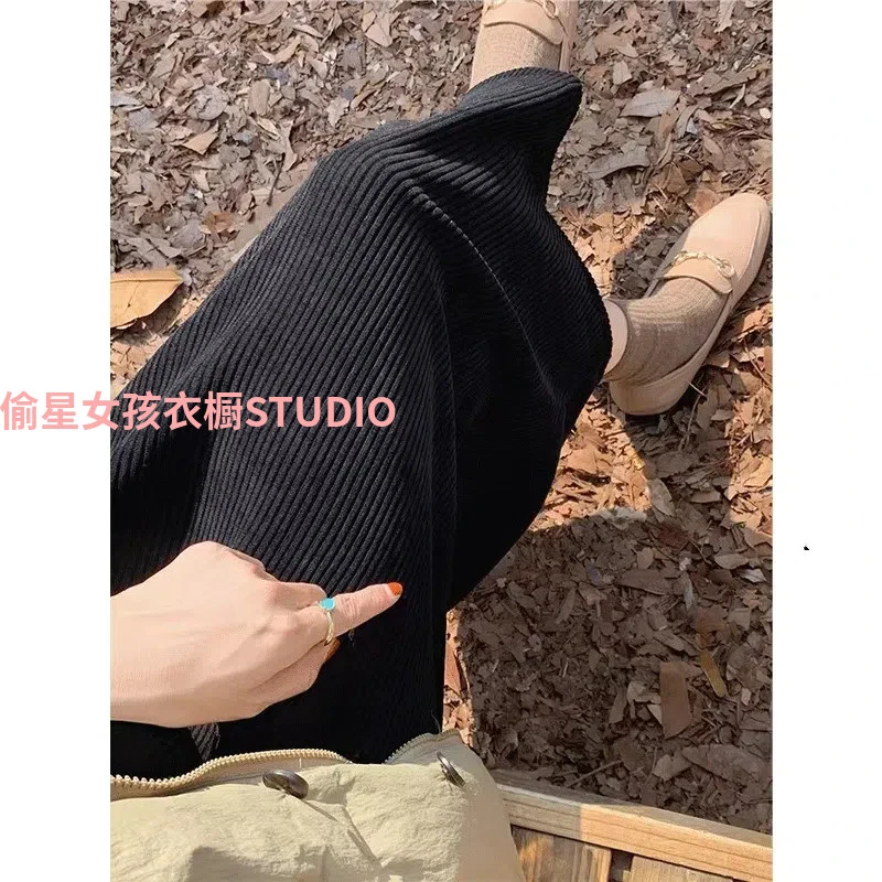 秋冬季款加绒半身裙女加厚雪尼尔高腰中长裙黑色大码遮肉灯芯绒裙