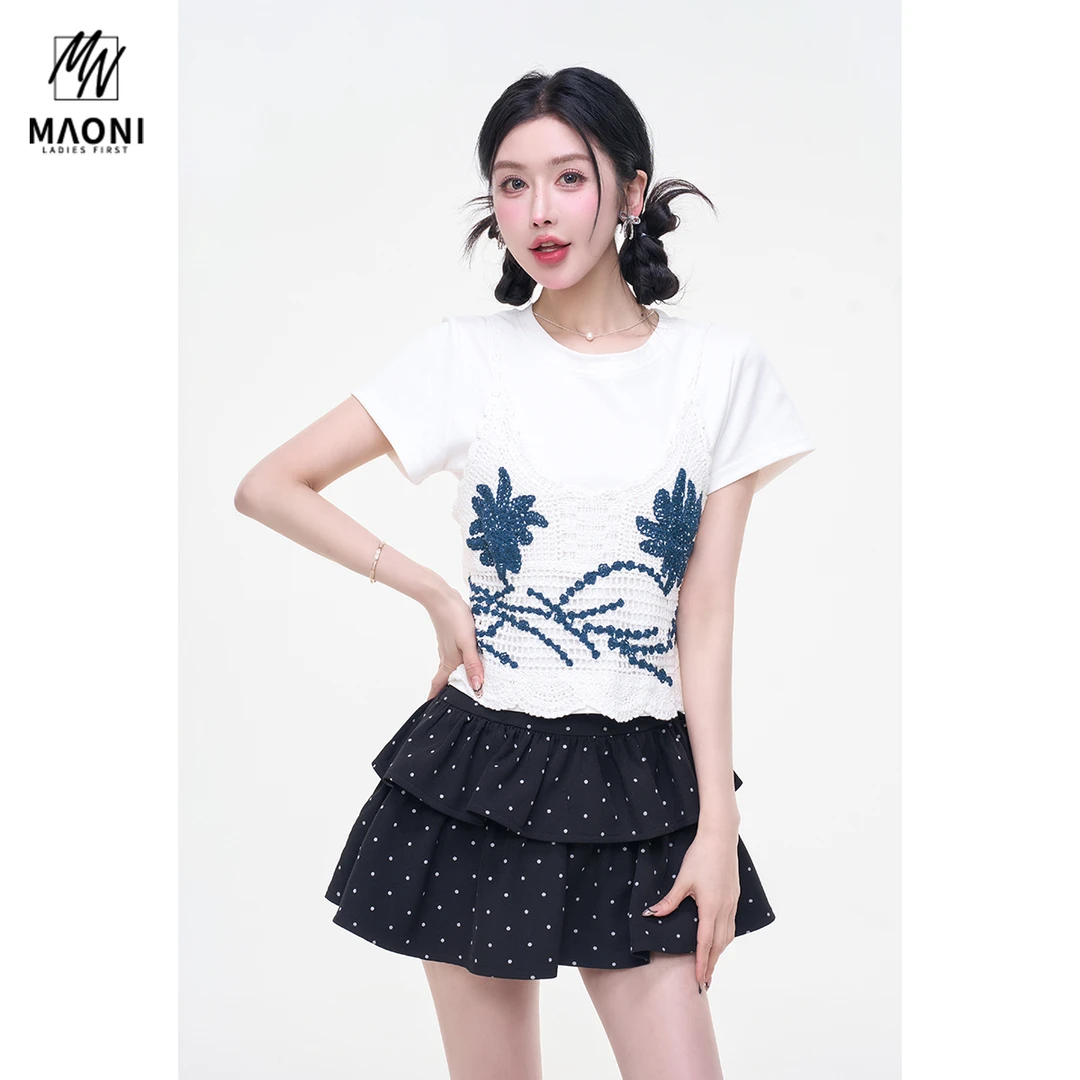 毛妮Peshe【青青雨露】镂空针织背心圆领T恤两件套短袖钩花L1679