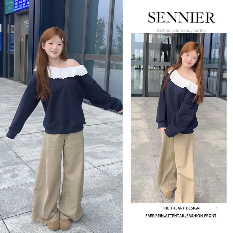 秋季温柔系穿搭女2025新款洋气设计感露肩花边长袖阔腿裤两件套装