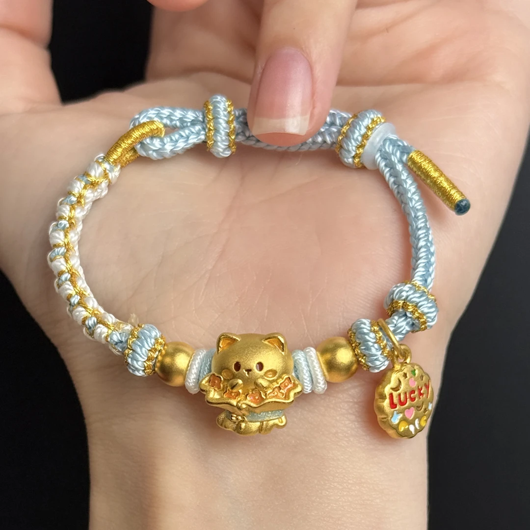 足金999花束小猫曼卡龙系列送女友黄金编绳礼物