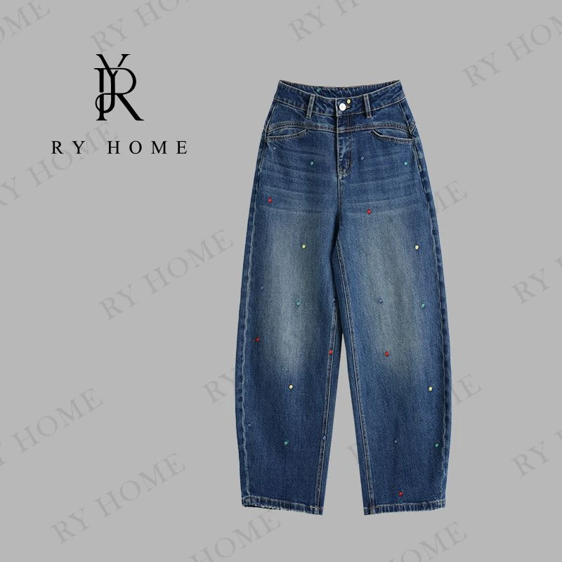 【容雨RYHOME】复古洗水个性重工多色阔腿牛仔弯刀裤253K2726