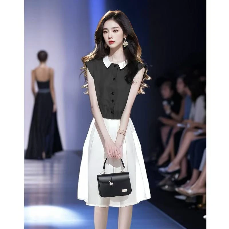 今年流行爆款衬衫独特漂亮轻奢高级感法式黑色无袖上衣套装女