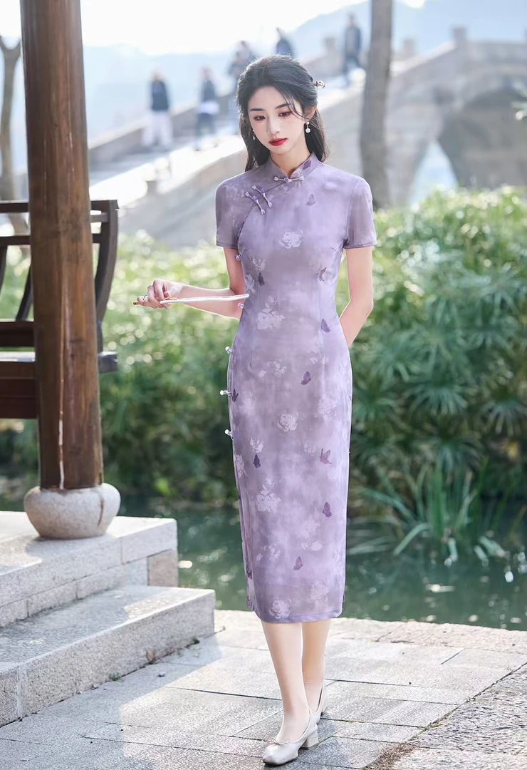 ZL-紫色仙子中国风旗袍气质夏季少女民国风优雅小清新时尚显瘦