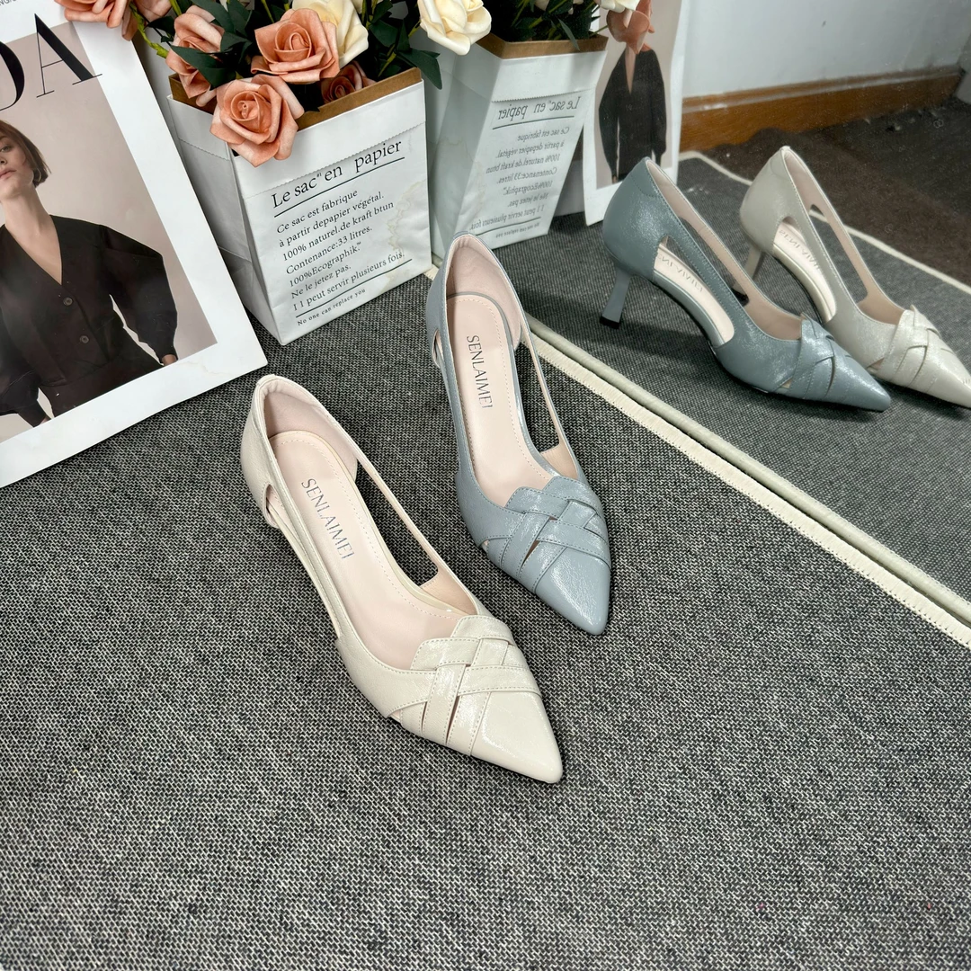 【百搭款】MQE/羊皮/6CM/33-40/9402老钱风编织镂空高跟百搭女鞋