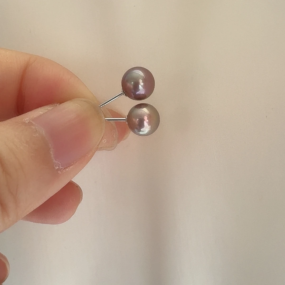 银S925镶嵌淡水珍珠耳饰6-7mm紫珠素钉