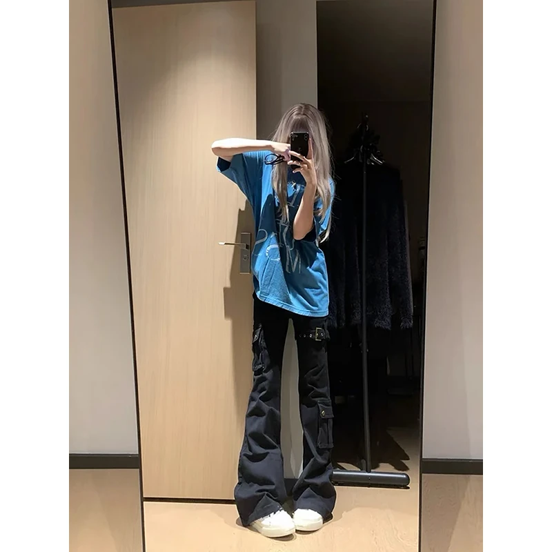 美式辣妹黑色重工微喇牛仔裤女夏季新款小个子低腰修身显瘦工装裤