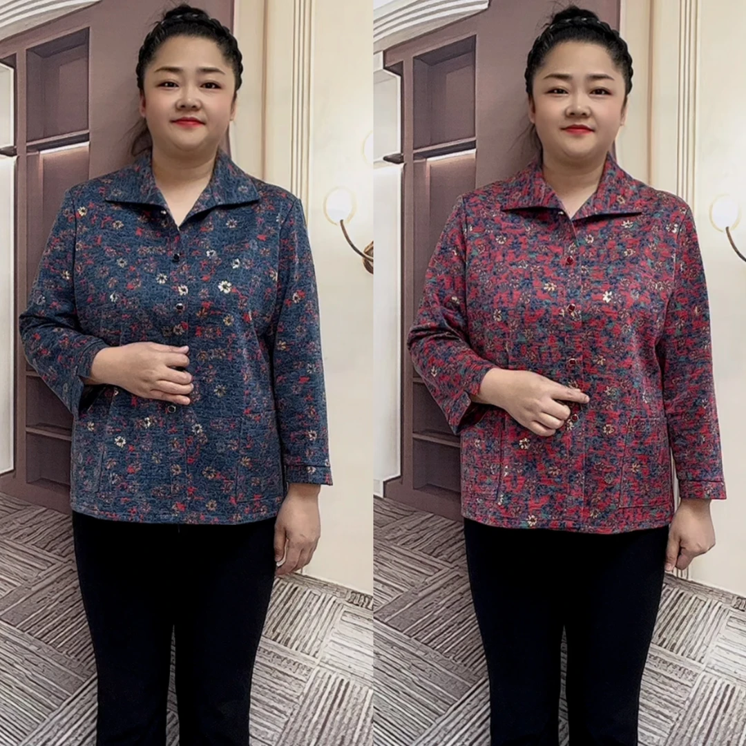 老年人春秋花色开衫衬衫薄款时尚减龄妈妈奶奶外套