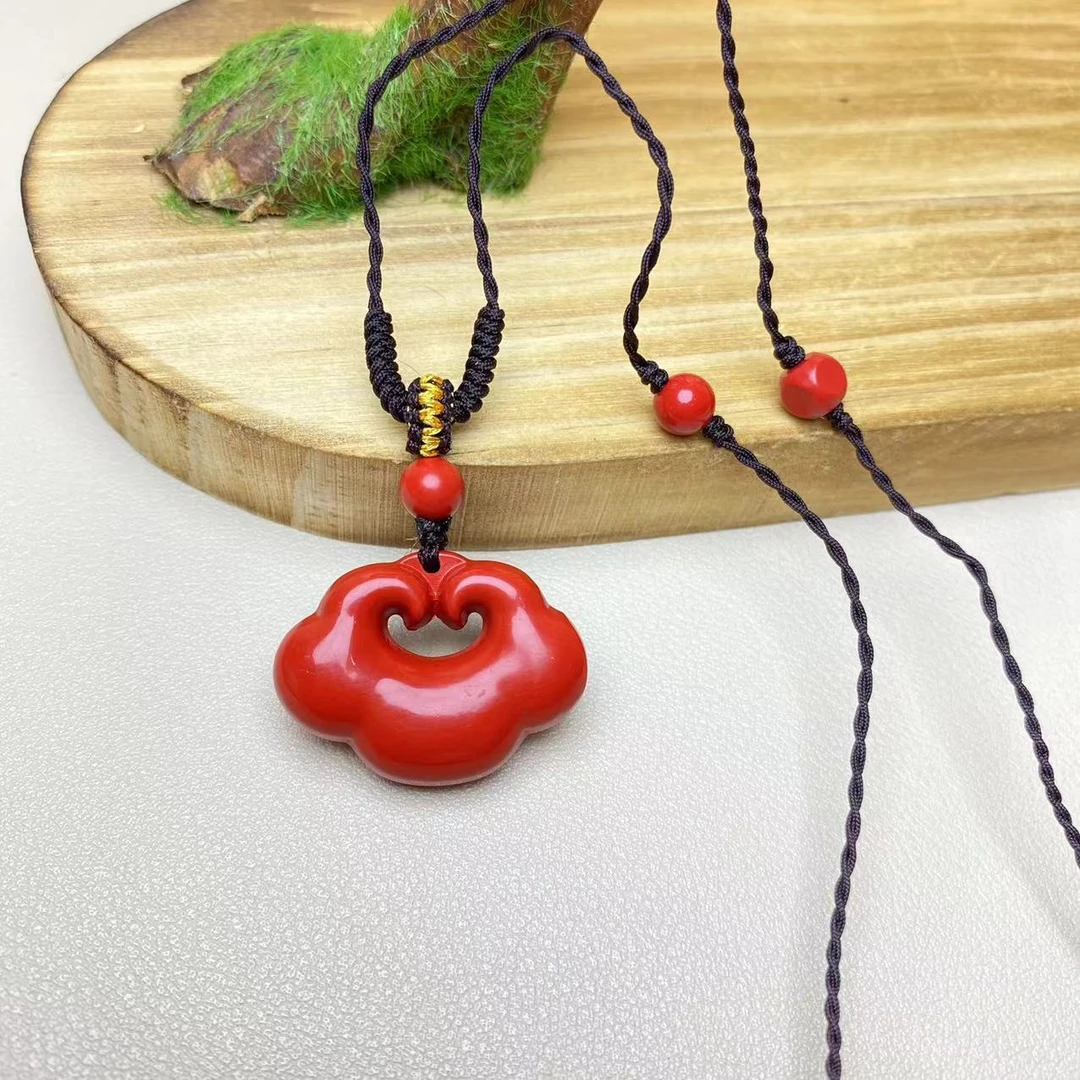 含辰砂工艺品高含量朱砂红砂设计款祥云如意锁吊坠正品保真朱砂
