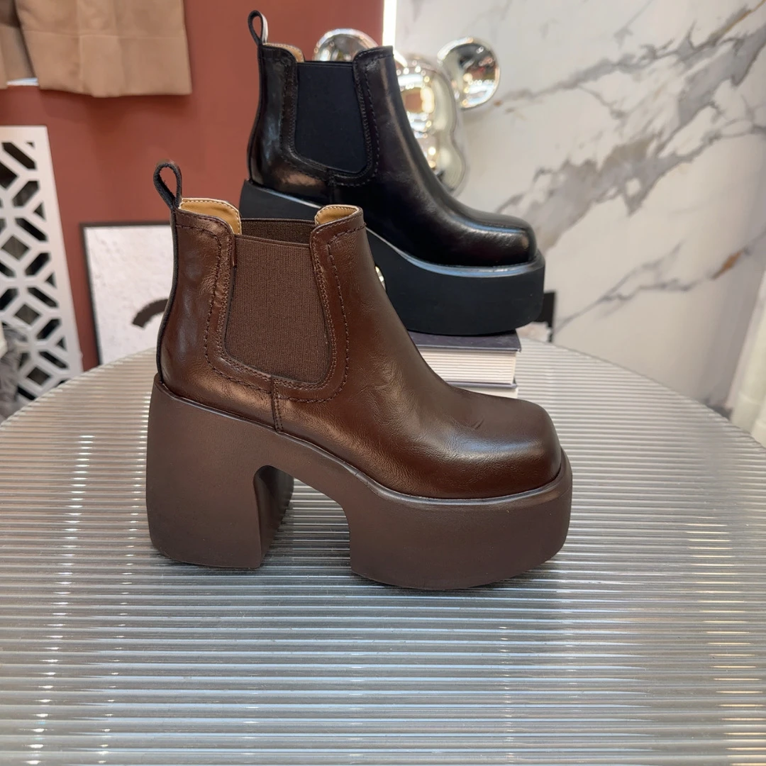 真皮粗跟超高跟女鞋切尔西短靴女秋款轻便及裸靴增高马丁靴039-1