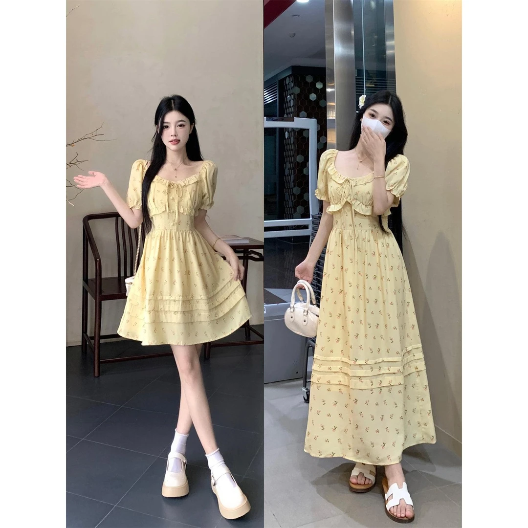 新款碎花裙女法式甜美连衣裙海边度假风泡泡袖短裙