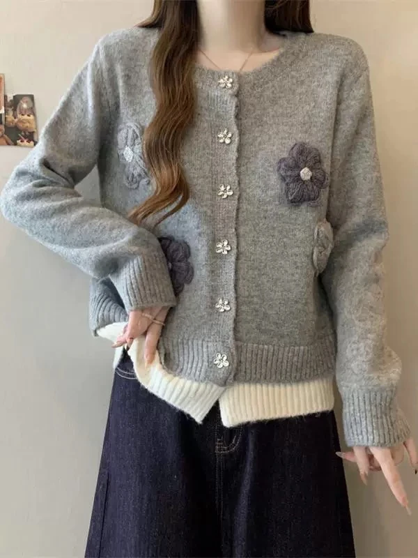 韩系撞色气质软糯针织大码女装开衫毛衣外套女秋冬宽松慵懒风