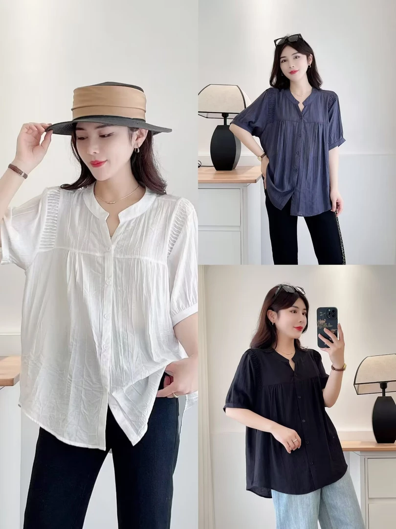 2025夏季新款胖mm时尚显瘦百搭短袖冰丝皱大码衬衫宽松休闲上衣女
