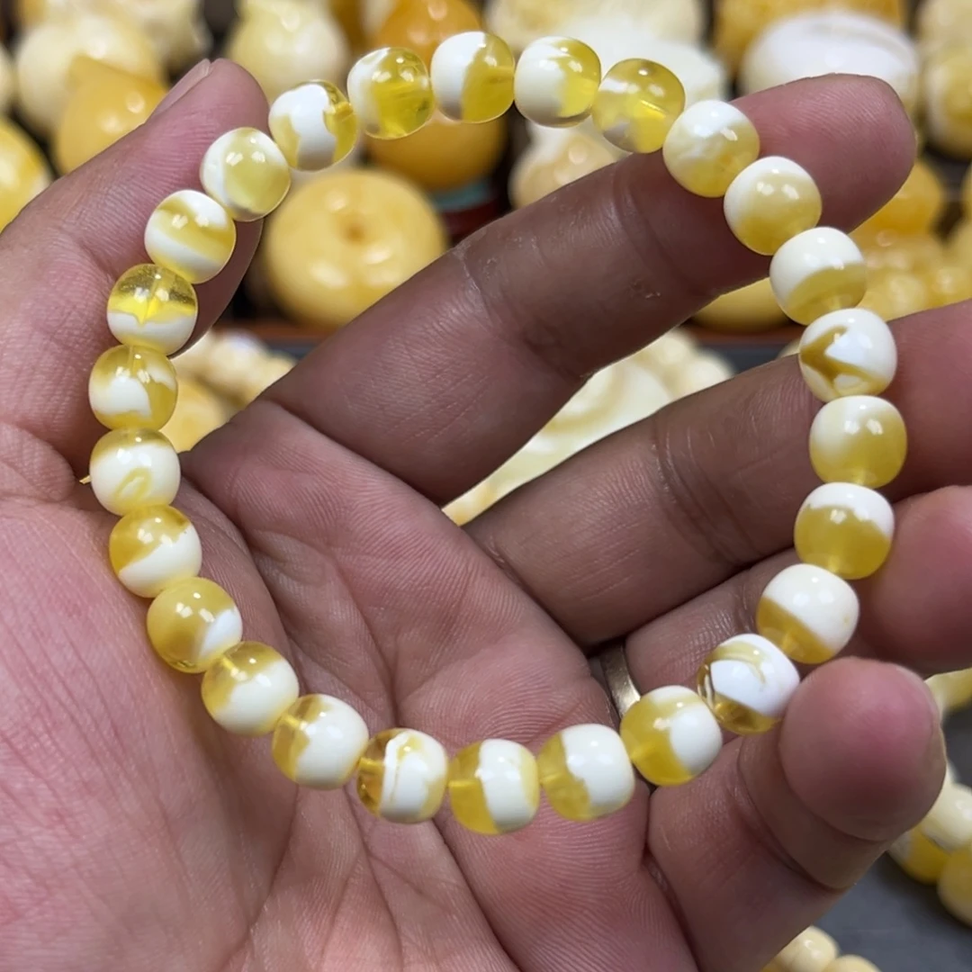 琥珀未镶嵌手串金瓷白聚宝盆老邢8mm