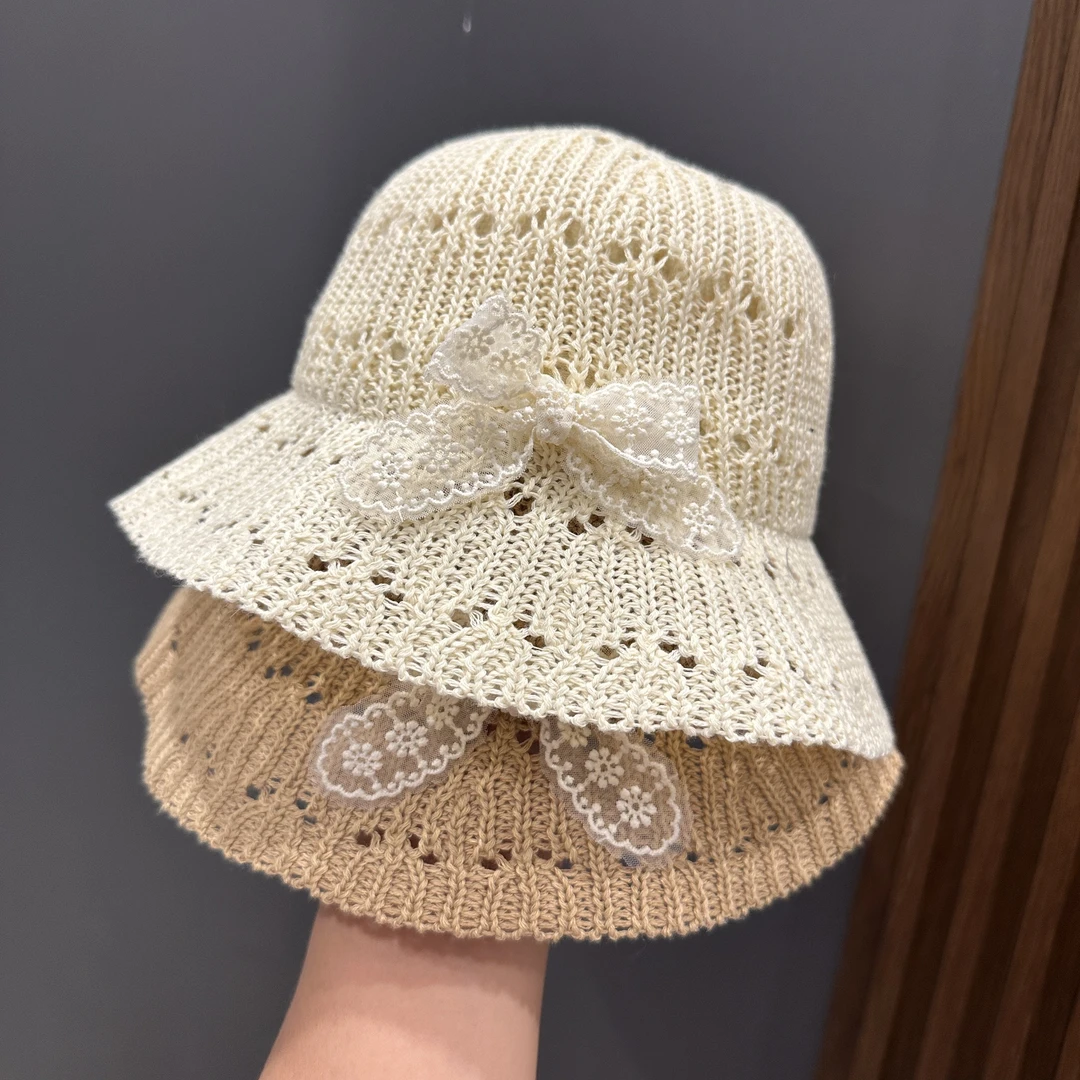 女宝宝帽子夏季薄款透气镂空编织草帽女童出游蕾丝遮阳防晒渔夫帽