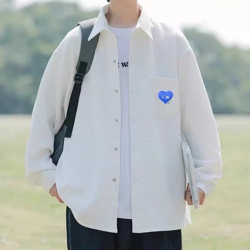 仓石一树简约百搭长袖衬衫男装春秋新款宽松复古简约痞帅翻领外套