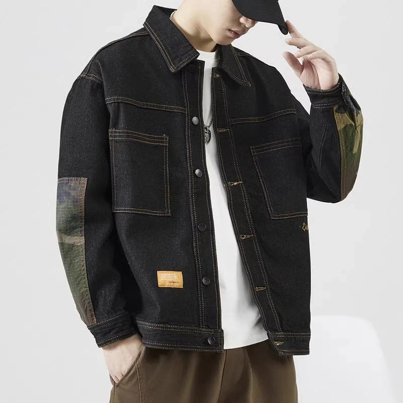 美式复古工装牛仔外套男士春季新款宽松迷彩拼接潮牌男装夹克上衣