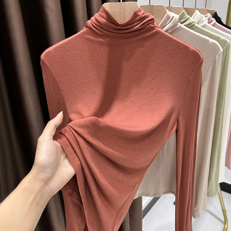 堆堆领设计长袖打底衫女新款高弹皮肤衣百搭高领针织面膜t恤上衣
