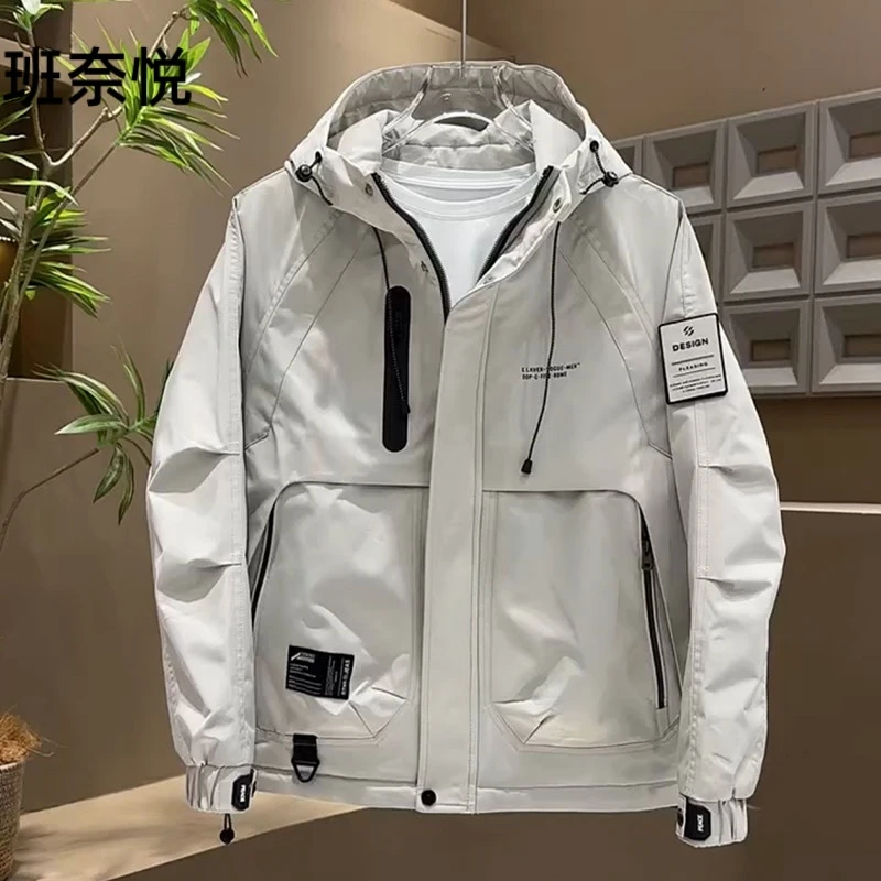 春秋季新款时尚潮牌连帽工装夹克男士美式休闲宽松百搭冲锋衣外套