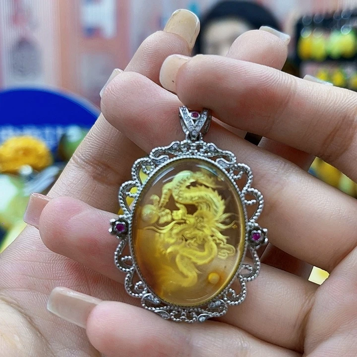 琥珀银S925镶嵌戒指吊坠