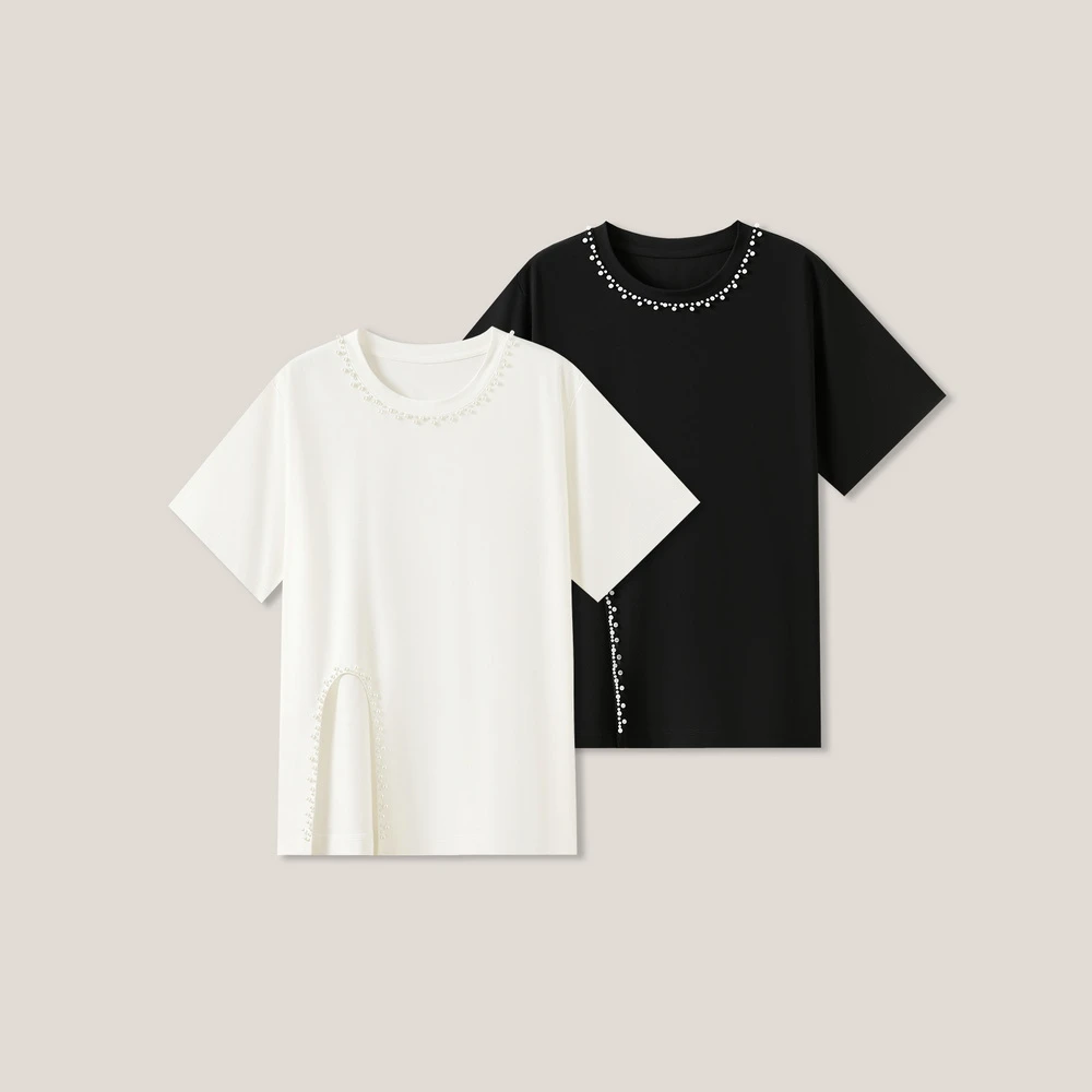 6.27 女式时尚气质钉珠不规则下摆圆领短袖T恤SS26166