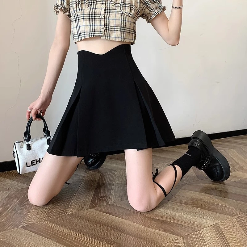 黑色骨高腰身裙夏梨形身材A字短裙码胖MM百褶伞裙