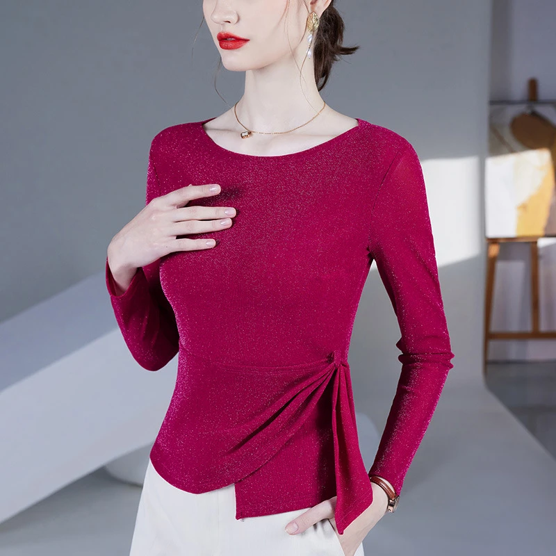 女士圆领纱网瑞丽风长袖优雅风T恤气质秋冬秋季洋气练功服内搭