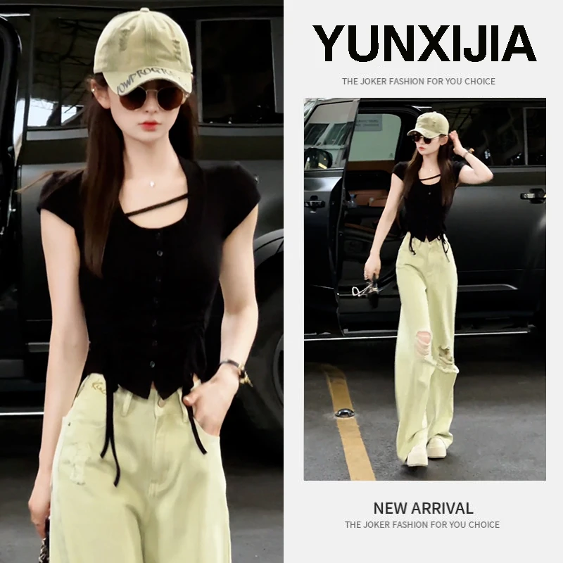 2025夏季新款时尚黑色小众T恤高腰显瘦气质休闲长裤阔腿裤两件套