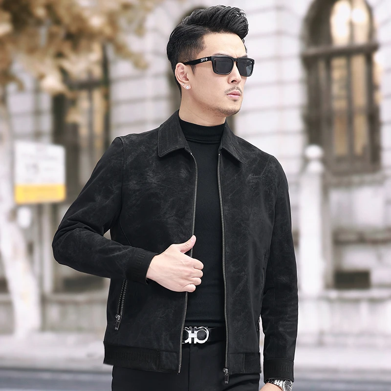 2802-2 MYM印花羊剖层皮革海宁真皮皮衣夹克春秋外套男潮流短款