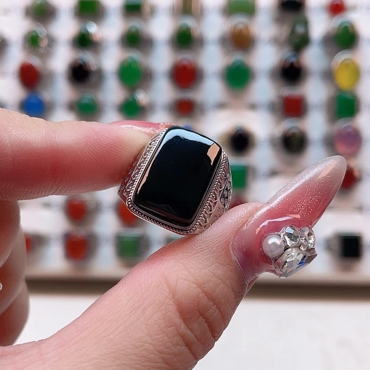 玛瑙/玉髓戒指银S925镶嵌骑****海