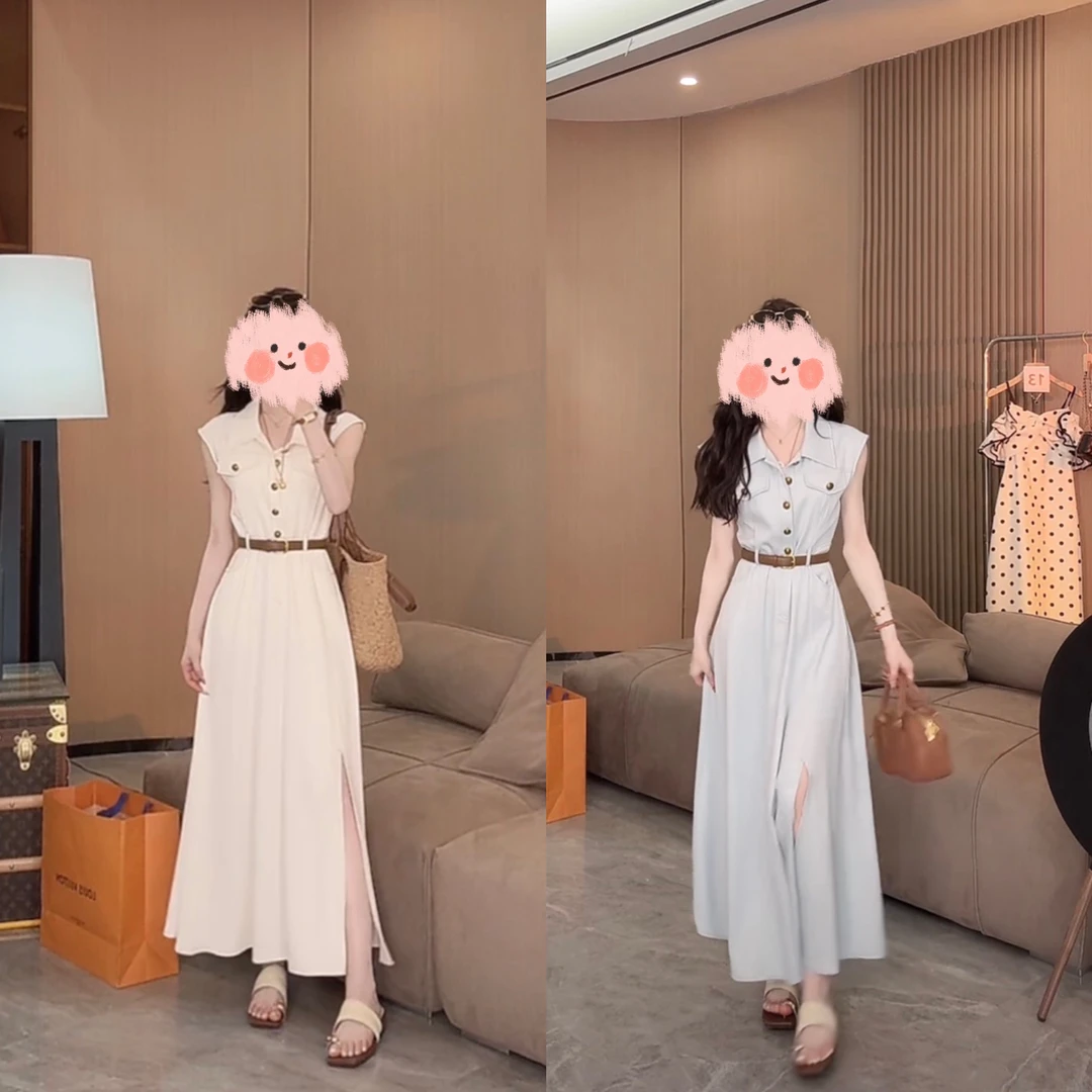 2025夏季新款显瘦牛仔连衣裙女收腰长款无袖裙子