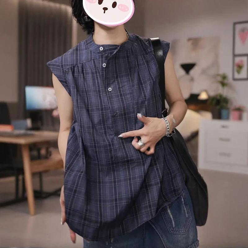 时尚百搭显瘦无袖衬衫女2025夏季新款宽松洋气单排扣格纹圆领衣服