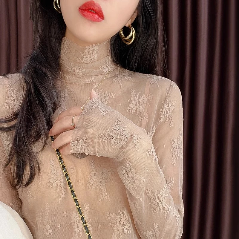 堆堆领透视网纱叠穿内搭小衫秋季新款高领蕾丝打底衫薄款洋气上衣